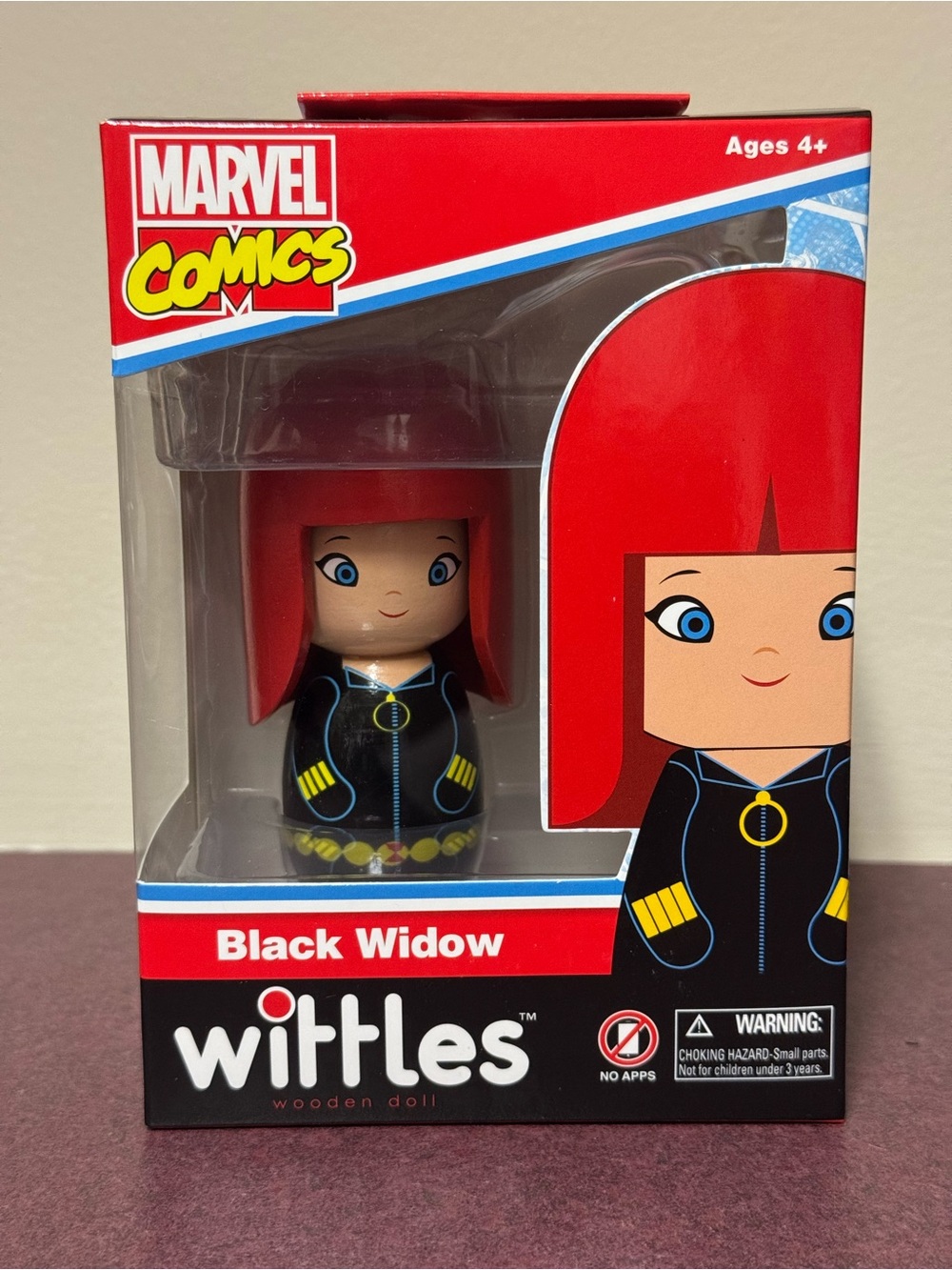 Marvel Black Widow Wittles Wooden Doll with Red Hair and Black Outfit